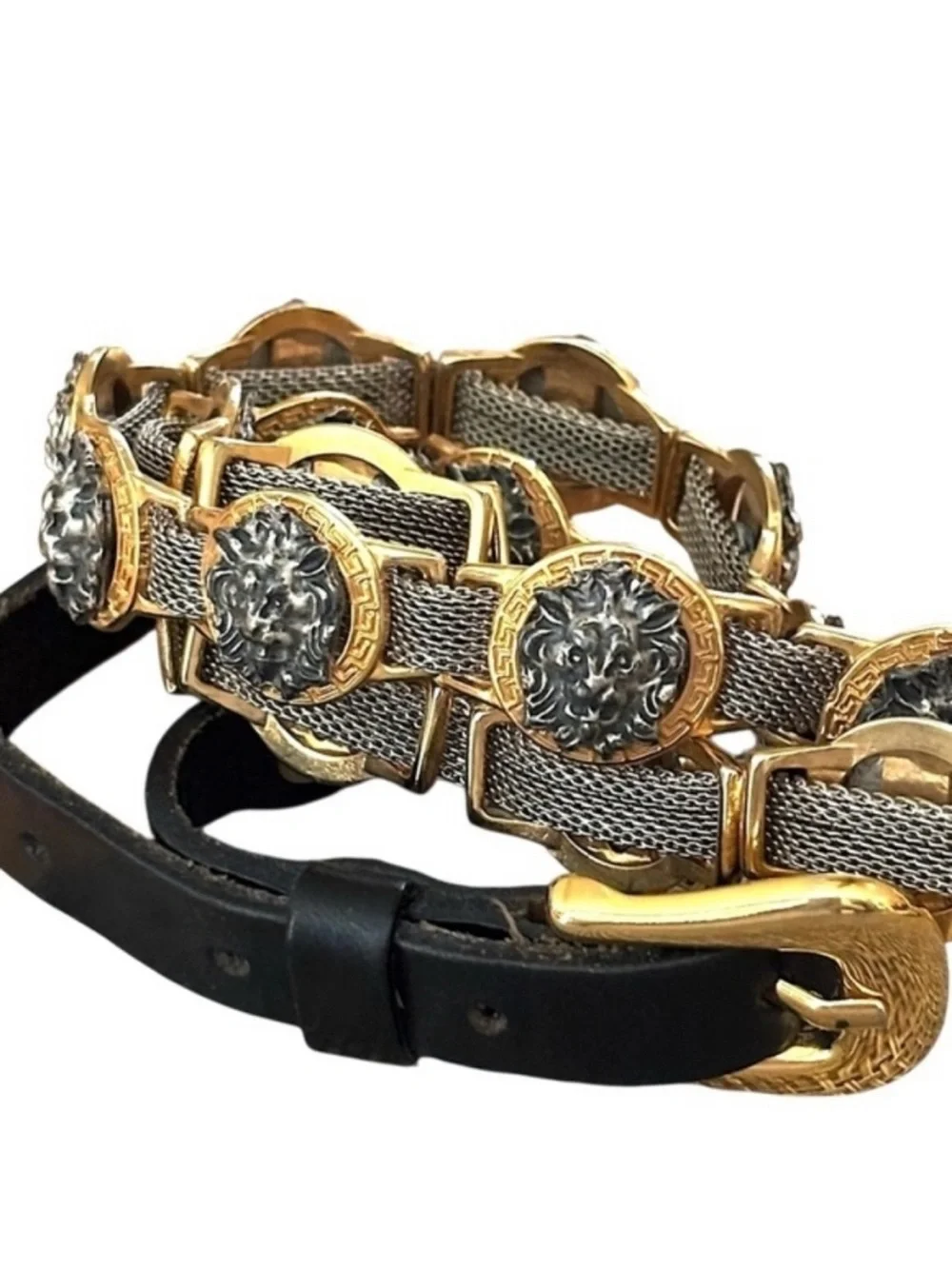 Versace Estero Versa Black Leather Belt with Gold Lion Medallion Chain